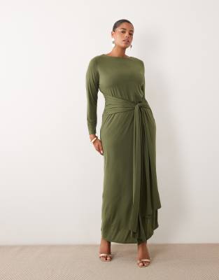Tfnc Plus Slinky Slash Neck Drape Front Maxi Dress In Green