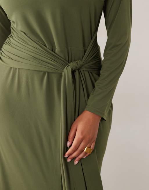 TFNC Plus slinky slash neck drape front maxi dress in olive, 2 of 4