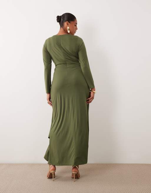 TFNC Plus slinky slash neck drape front maxi dress in olive, 3 of 4