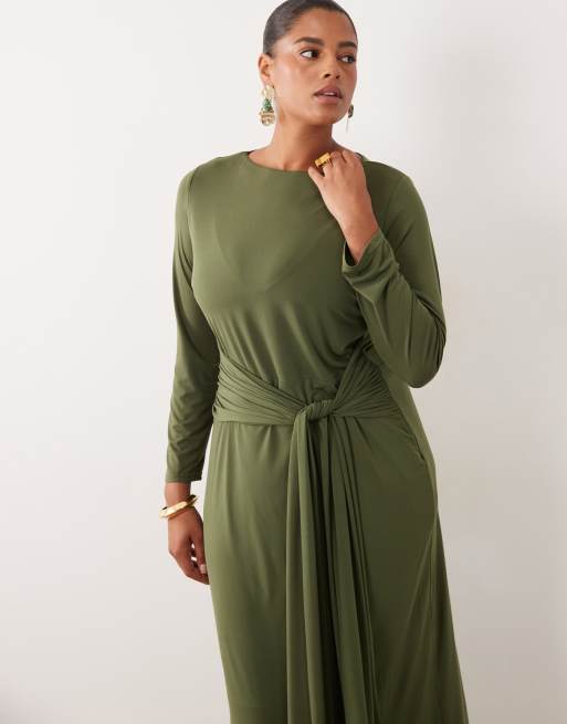 TFNC Plus slinky slash neck drape front maxi dress in olive, 4 of 4