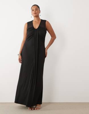 Tfnc Plus Slinky V Neck Ruched Front Sleeveless Maxi Dress In Black