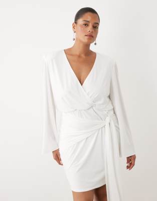 TFNC Plus slinky v  neck shoulder pad drape detail mini dress in white