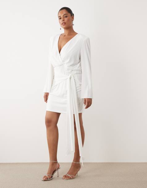 TFNC Plus slinky v  neck shoulder pad drape detail mini dress in white - view 1