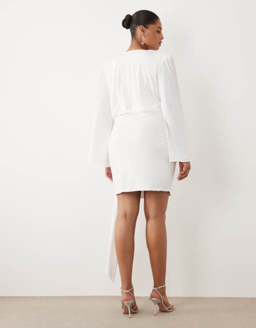 TFNC Plus slinky v  neck shoulder pad drape detail mini dress in white, 4 of 4
