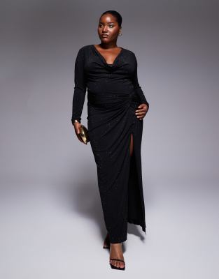 TFNC Plus - Verziertes Maxikleid in Schwarz mit Wasserfallausschnitt und Beinschlitz