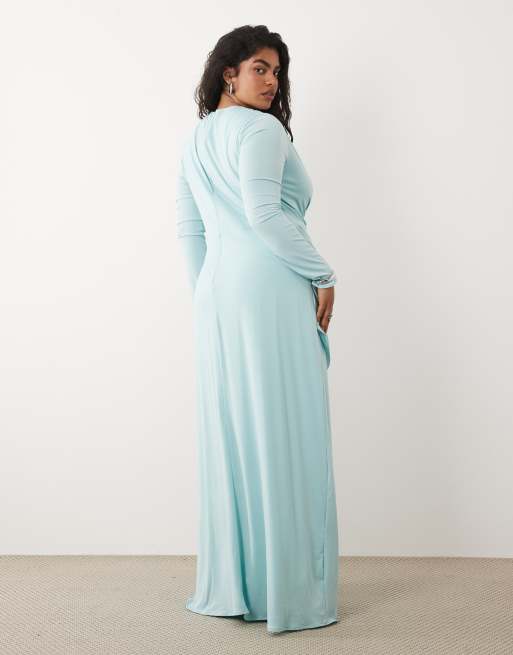 TFNC Plus - Vestido largo azul pastel ceñido con falda fruncida drapeada de corte amplio, 2 de 4