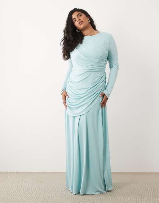 TFNC Plus - Vestido largo azul pastel ceñido con falda fruncida drapeada de corte amplio, 3 de 4