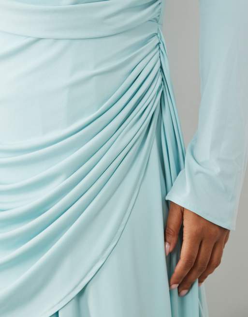 TFNC Plus - Vestido largo azul pastel ceñido con falda fruncida drapeada de corte amplio, 4 de 4