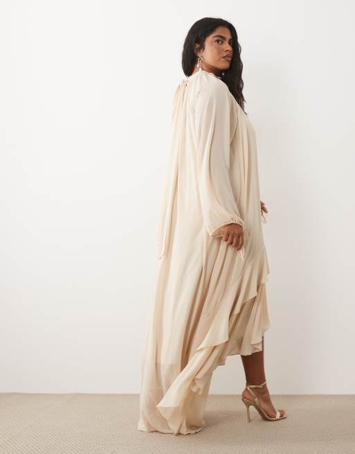 TFNC Plus - Vestido largo color crema con bajo escalonado de chifón, 4 de 4