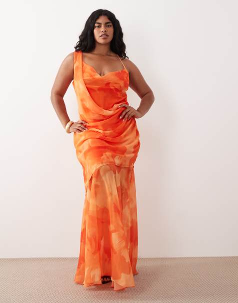 TFNC Plus - Vestido largo naranja con estampado floral y cuello desbocado de chifón - view 1