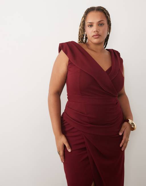 TFNC Plus - vestido maxi burdeos con detalle cruzado y escote Bardot, 2 de 4