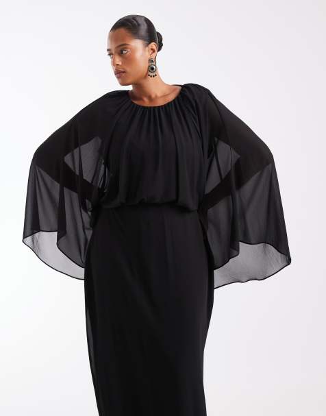 TFNC Plus - vestido maxi negro con detalle de capa de gasa - view 1
