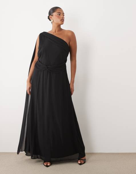 TFNC Plus - vestido maxi negro de gasa con un hombro, cintura retorcida y drapeado - view 1