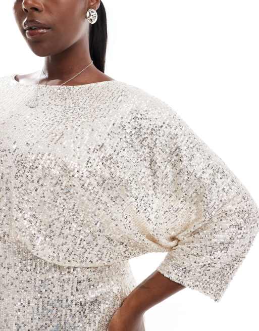 TFNC Plus Vestito corto argento tipo kimono con paillettes