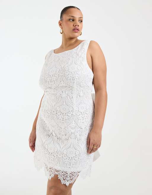 TFNC Plus - Vestito corto da sposa in pizzo color avorio con fiocco sul retro e scollo a barchetta, 1 di 4