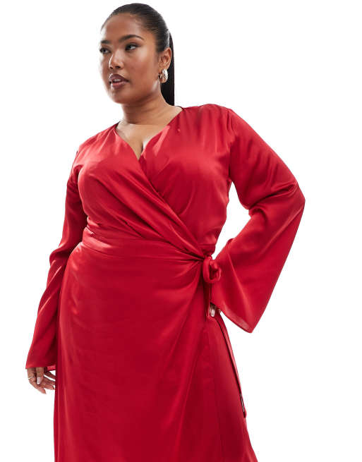 TFNC Plus Vestito lungo avvolgente a maniche lunghe in raso rosso acceso ASOS