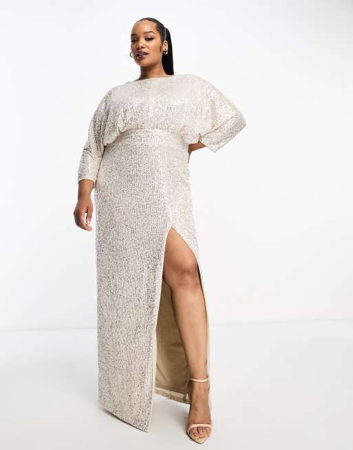 TFNC Plus - Vestito lungo con maniche a kimono e paillettes argento