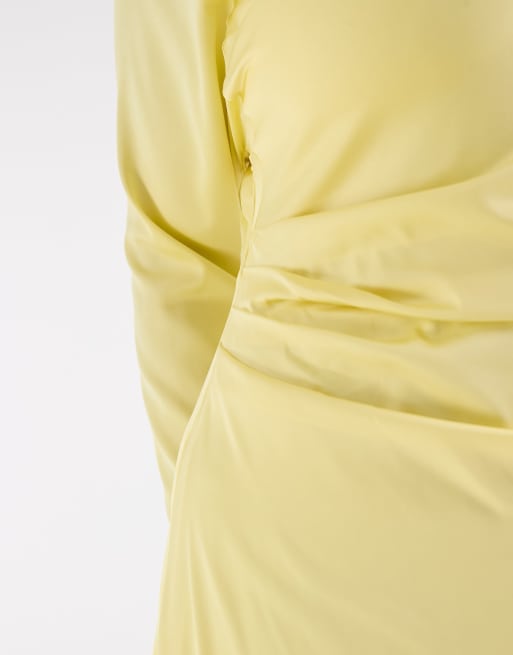 TFNC Plus - Vestito lungo da damigella a maniche lunghe in raso color limone con drappeggio laterale, 2 di 4