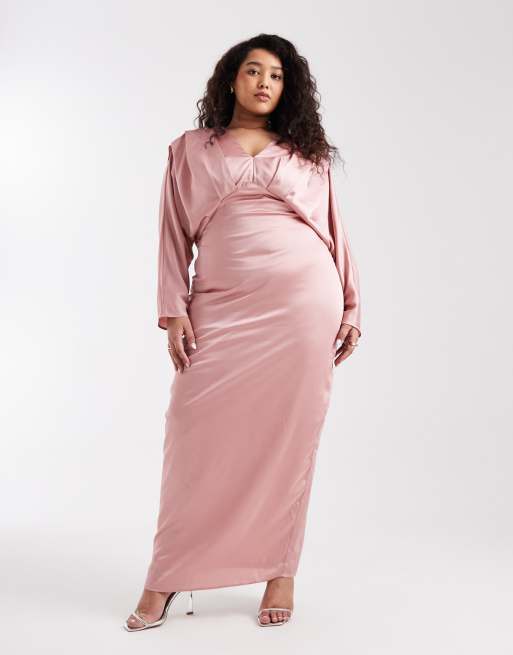 TFNC Plus - Vestito lungo da damigella aderente in raso rosa con scollo a V e dettaglio a pieghe