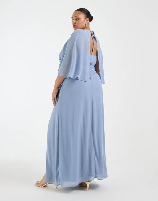 TFNC Plus - Vestito lungo da damigella in chiffon blu polvere con maniche con volant e spacco sulla coscia, 4 di 4