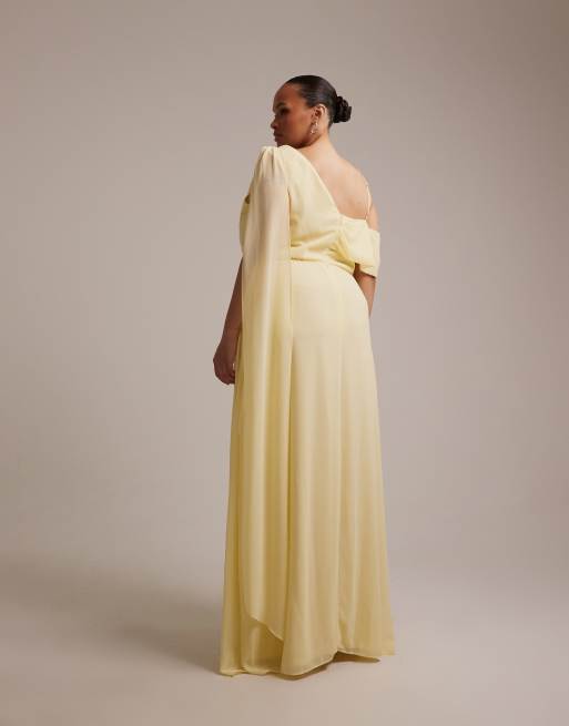 TFNC Plus - Vestito lungo da damigella in chiffon color limone con spalle scivolate e foulard drappeggiato, 5 di 5