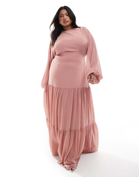 TFNC Plus - Vestito lungo da damigella in chiffon rosa con gonna a balze - view 1