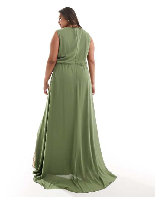 TFNC Plus - Vestito lungo da damigella in chiffon verde scuro con spacco sul davanti, 4 di 4