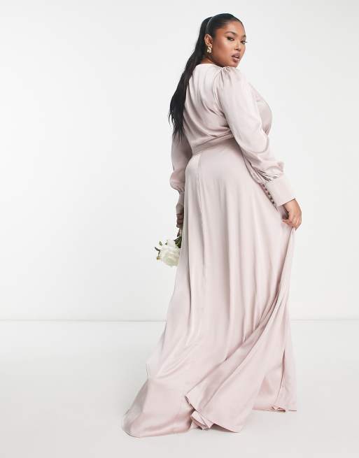 TFNC Plus - Vestito lungo da damigella in raso a maniche lunghe rosa visone, 2 di 4