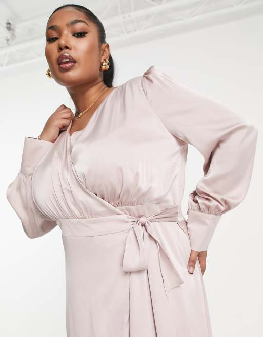 TFNC Plus - Vestito lungo da damigella in raso a maniche lunghe rosa visone, 3 di 4