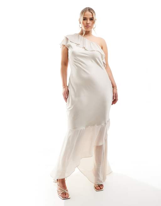 TFNC Plus - Vestito lungo da damigella in raso color champagne monospalla con volant