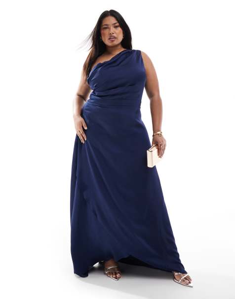 TFNC Plus - Vestito lungo da damigella monospalla in raso blu navy con gonna avvolgente - view 1