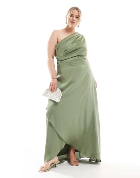 TFNC Plus - Vestito lungo da damigella monospalla in raso verde scuro con gonna avvolgente - view 1