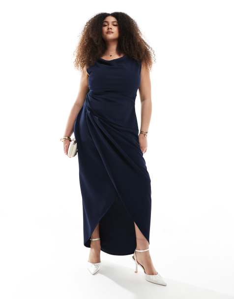 TFNC Plus - Vestito lungo da sposa con scollo a barchetta blu navy con dettaglio arricciato - view 1