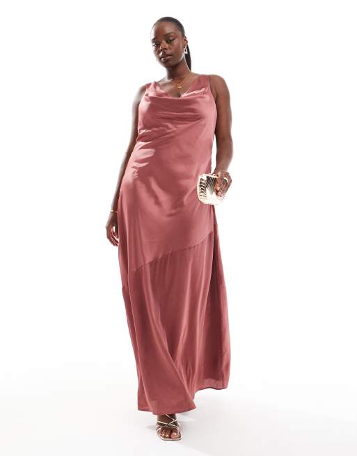TFNC Plus - Vestito lungo in raso color mora con scollo ad anello