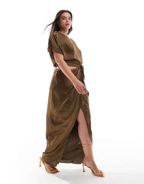 TFNC Plus - Vestito lungo in raso color oliva con dettaglio cut-out annodato in vita - view 1
