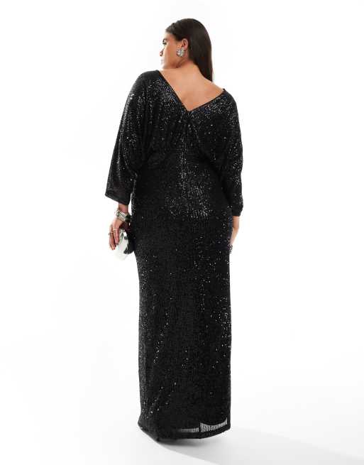 TFNC Plus - Vestito lungo nero con parte superiore stile kimono e paillettes, 3 di 4