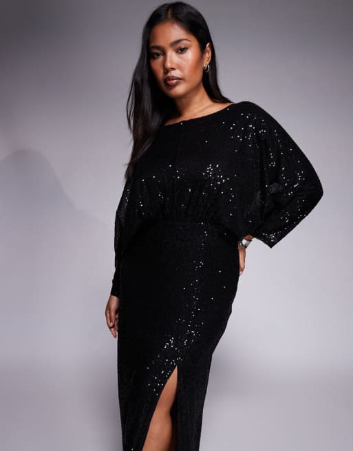 TFNC Plus - Vestito lungo nero con parte superiore stile kimono e paillettes, 2 di 4