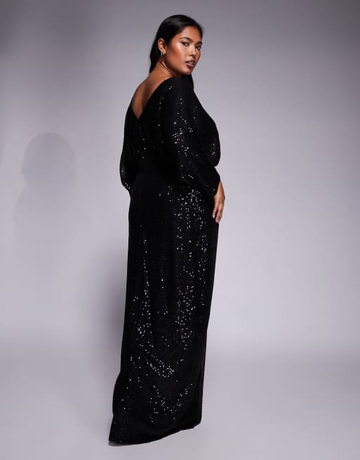 TFNC Plus - Vestito lungo nero con parte superiore stile kimono e paillettes, 3 di 4
