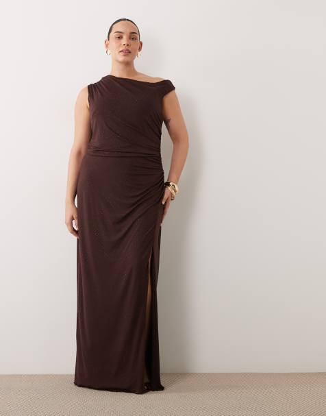 TFNC Plus vestito maxi con spalle scoperte e hotfix color cioccolato - view 1