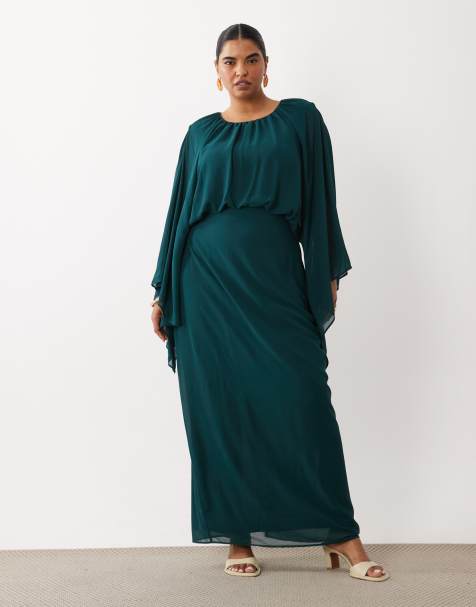 TFNC Plus vestito maxi in chiffon con dettaglio mantella e girocollo in verde petrolio scuro - view 1