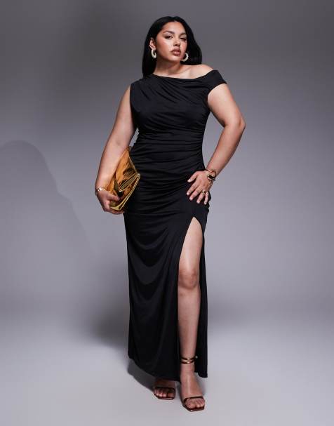 TFNC Plus - Vestito midi asimmetrico nero con spacco laterale - view 1