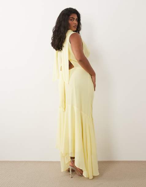 TFNC Plus - Vestito midi da damigella in chiffon giallo limone con scollo ad anello e foulard - view 1