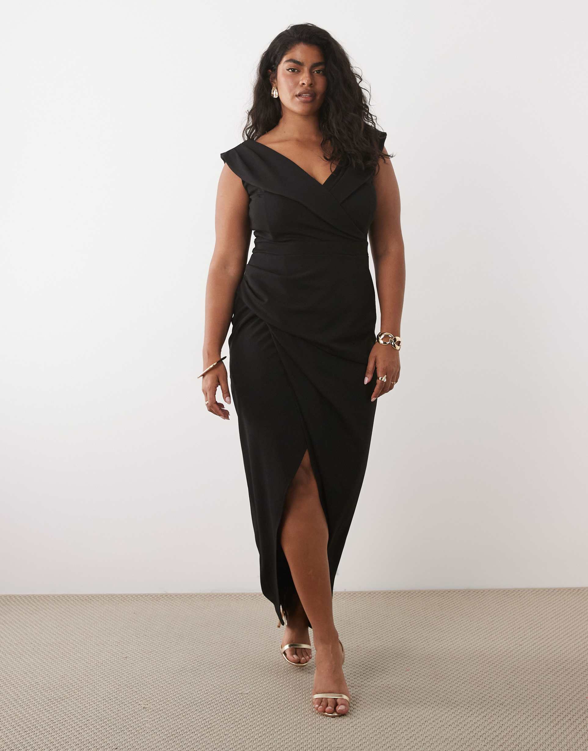 tfnc plus wrap detail bardot maxi dress in black