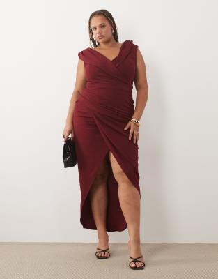 Tfnc Plus Wrap Detail Bardot Maxi Dress In Brown