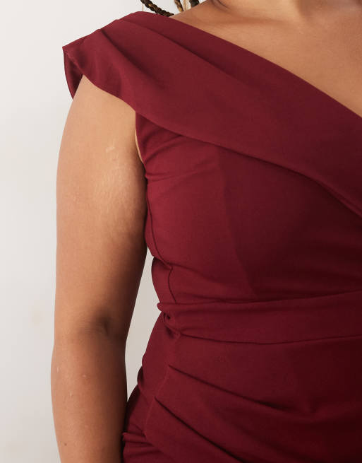 TFNC Plus wrap detail bardot maxi dress in burgundy, 3 of 4