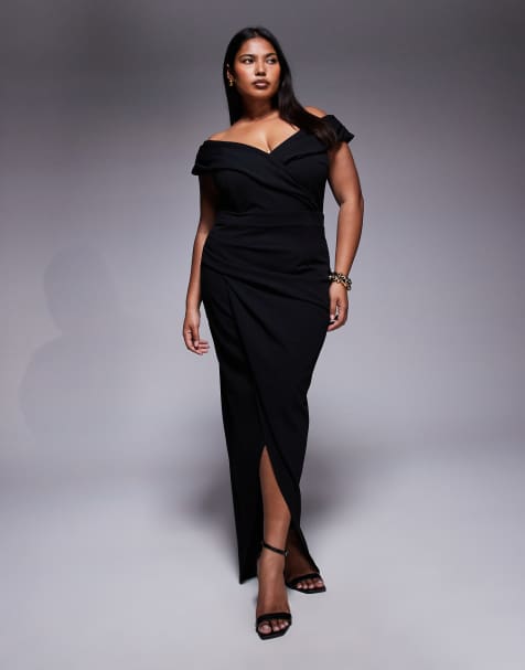 TFNC Plus wrap detail bardot midaxi dress in black - view 1