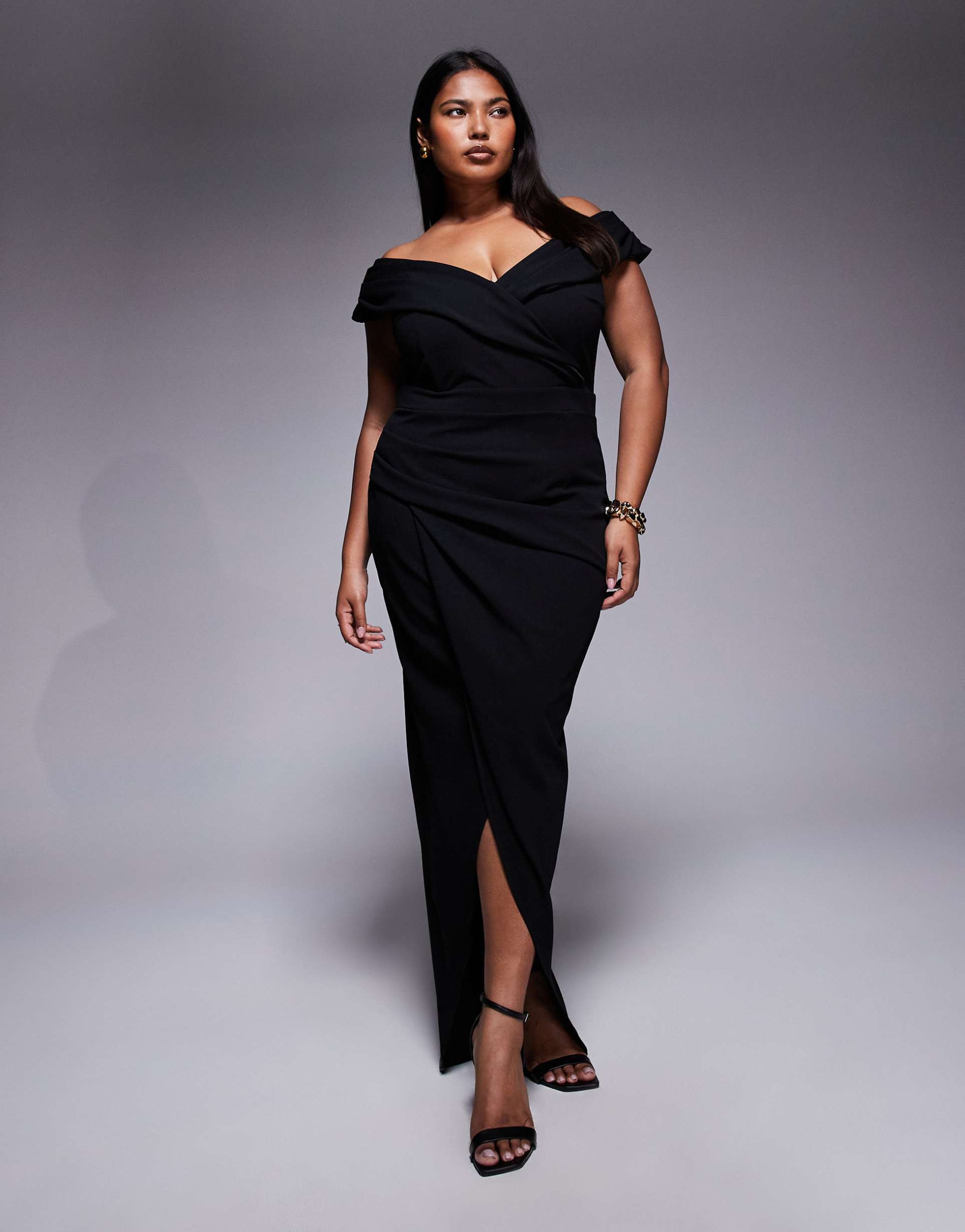 tfnc plus wrap detail bardot midaxi dress in black