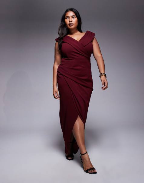 TFNC Plus wrap detail bardot midaxi dress in wine - view 1