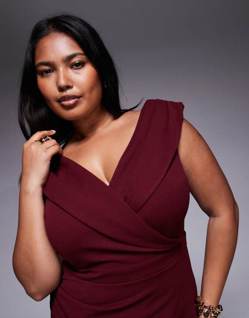 TFNC Plus wrap detail bardot midaxi dress in wine, 3 of 4