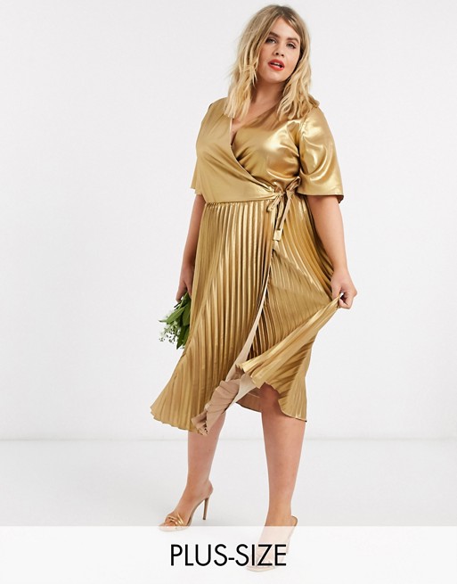 TFNC Plus wrap front pleated midi dress in gold